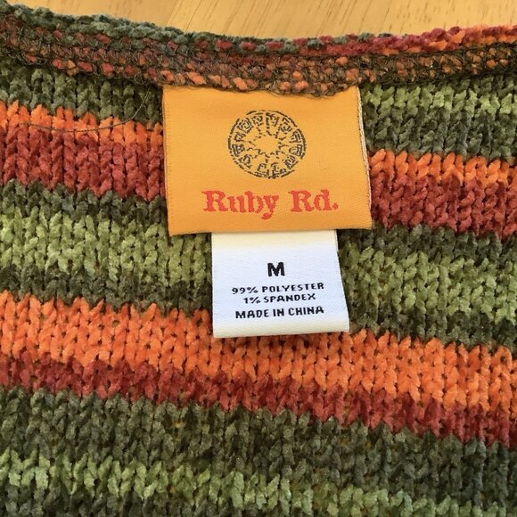 Ruby Rd Cardigan Sweater Size Medium Open Front Orange Green Striped Pockets - Picture 7 of 10